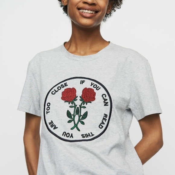 Maje Tops - Maje Embroidered T-shirt “If You Can Red This You Are Too Close” Tee Grey Cotton